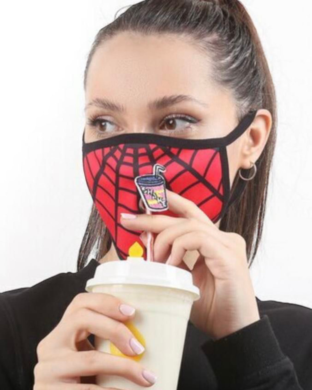 Spiderman Web Graphic Print Face Mask with Magnetic Straw Hole