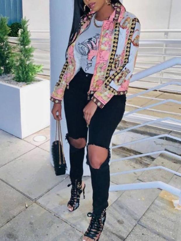 Turndown Collar Print Multicolor Jacket - Tee's Booutique