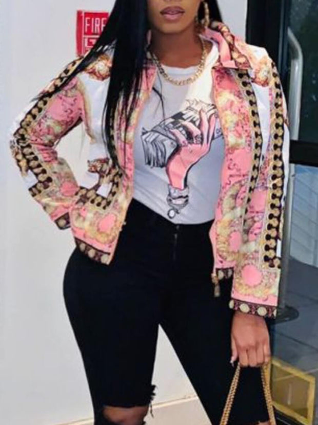 Turndown Collar Print Multicolor Jacket