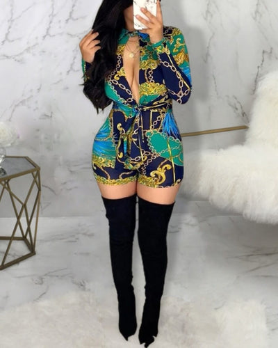 Chain Print Hollow-out Lace-up Multicolor One-piece Romper - Tee's Booutique