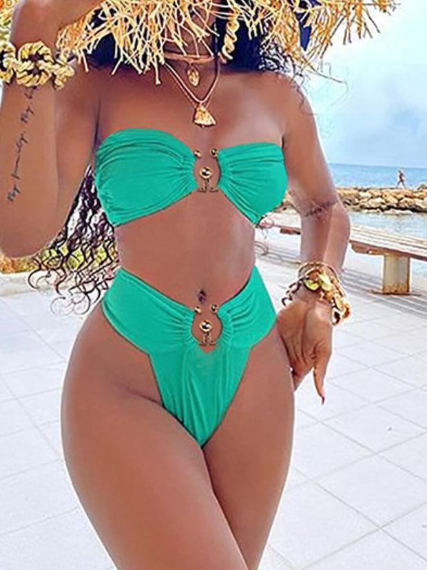 Ruched Metal Ring Decoration Green Two-piece Swimsuit - Tee's Booutique