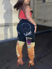 Letter Graffiti Print Patchwork Pants