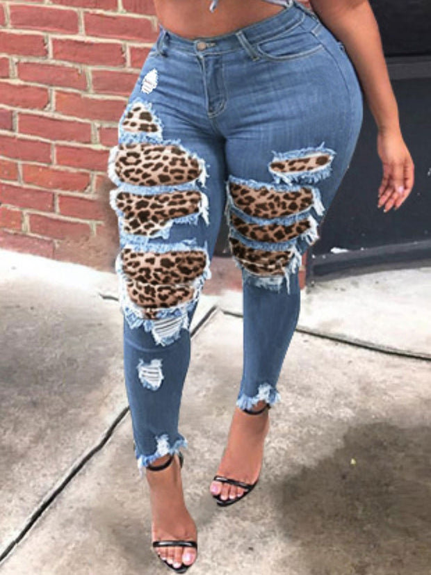 Leopard Print Ripped Jeans