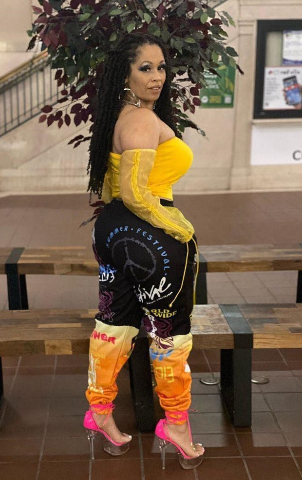 Letter Graffiti Print Patchwork Pants